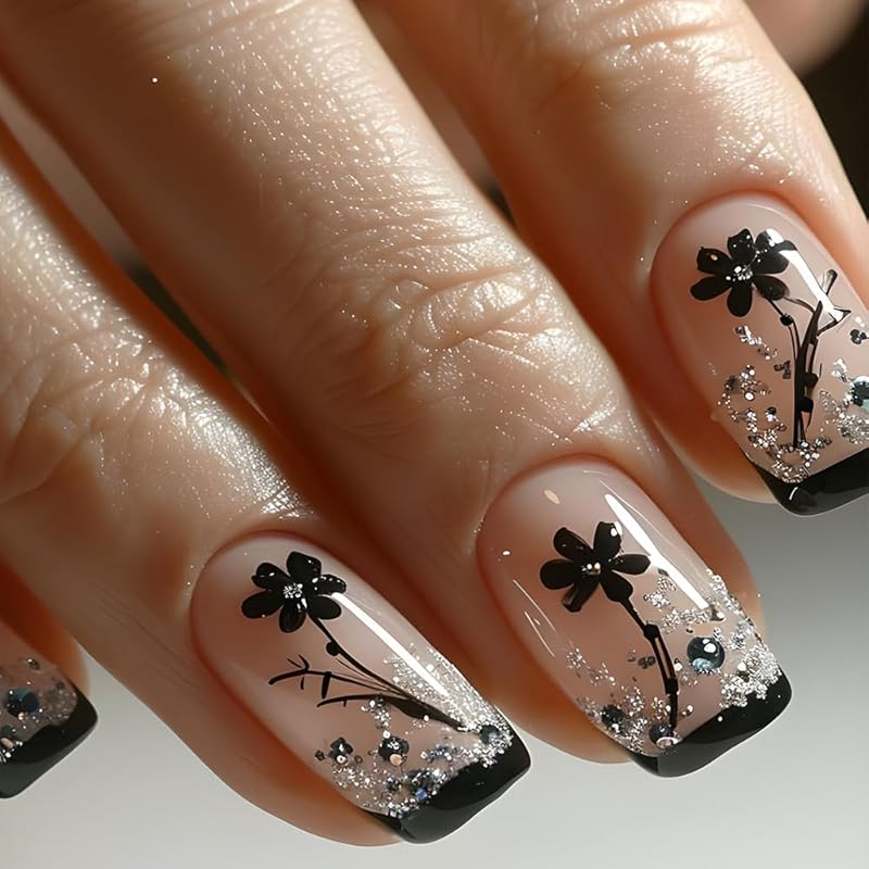 JUHUI Flower Press on Nails Short Square False Nails with Floral Design Orange Purple French Tip Nails 24Pcs