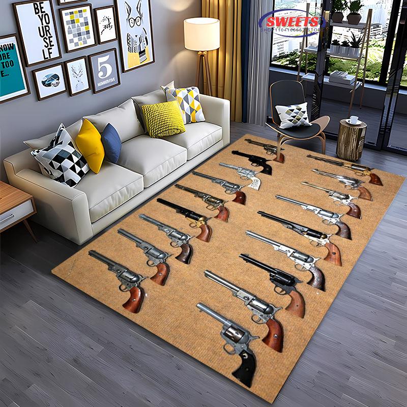 Pistolen-Themenbereichsteppich, Sturmgewehr Pistole Revolver Pistole Teppich für Wohnzimmer Schlafzimmer Sofa Fußmatte Dekor Rutschfeste Bodenmatte Geschenke