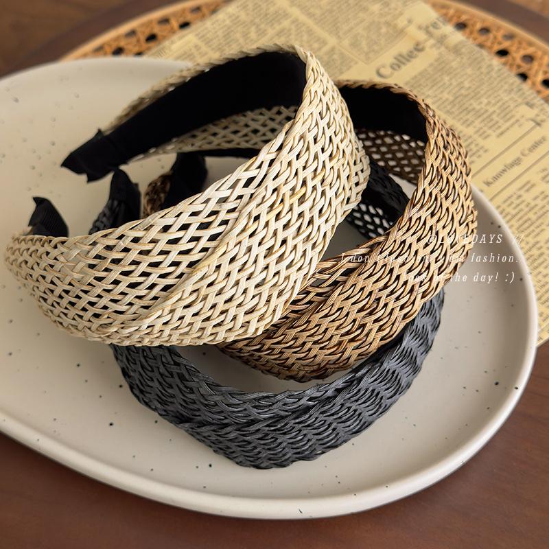 

Women Bohemian Vintage Straw Woven Headband Wide Cross Design Hair Accessory Ladies