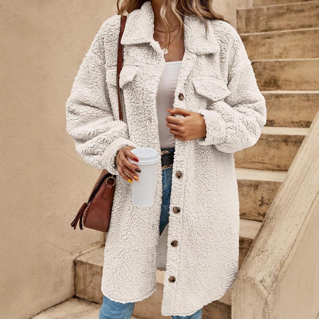 New European and American winter open-button lapel plush jacket loose temperament long coat women