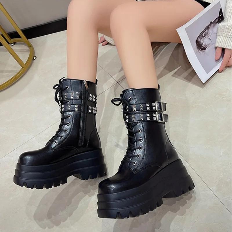 Fashion Designer New Platform Metal Buckle Motorcycle Boots for Women Fashion Street Style 8.5cm Heel Casual Women's Ankle Boots Shoes