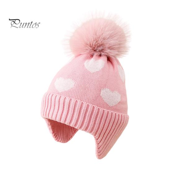 Elastic Ear Protection Cap Kids Winter Knit Hat, Warm Soft Cute Pompom Cozy Gift for Children Heart Pattern, Earflap Hat Boys Girls Toddlers Pom
