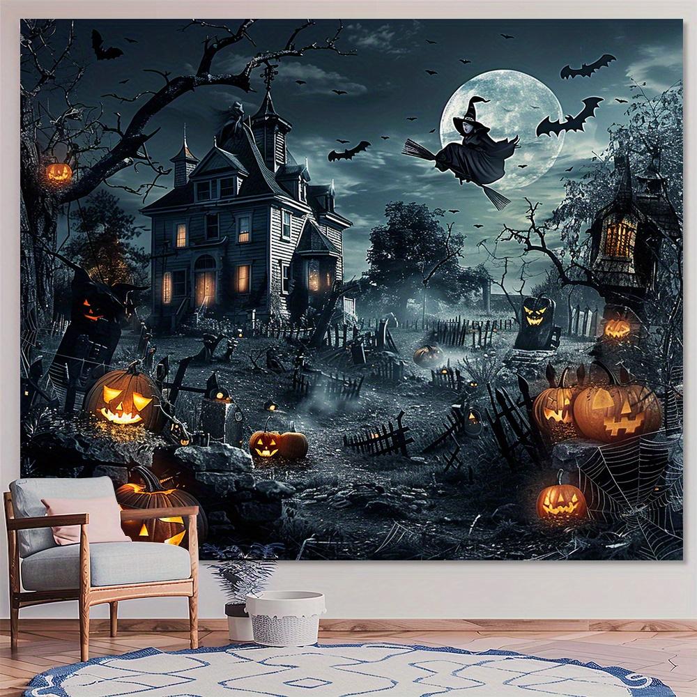 pc 2D flat Halloween party backdrop - horror castle, witch, bat, graveyard and pumpkin design, no power required——sjs