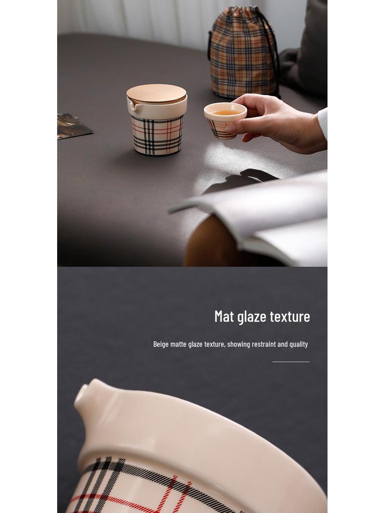 LV Grid Ceramic Travel Kung Fu Tea Set with Portable Bag - One Pot, Three Cups