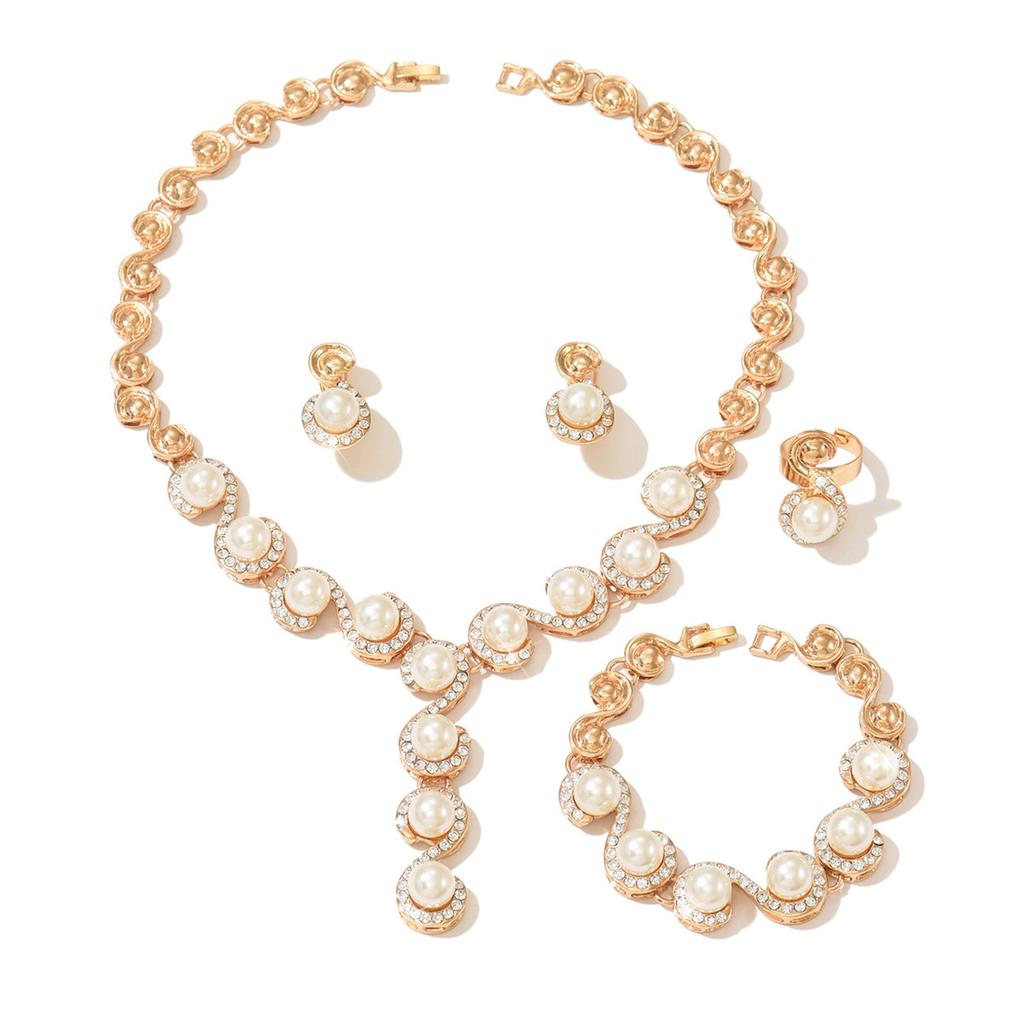 Fashionable and exquisite imitation pearl necklace, earrings, bracelet, and ring – a four-piece jewelry set for brides and evening events