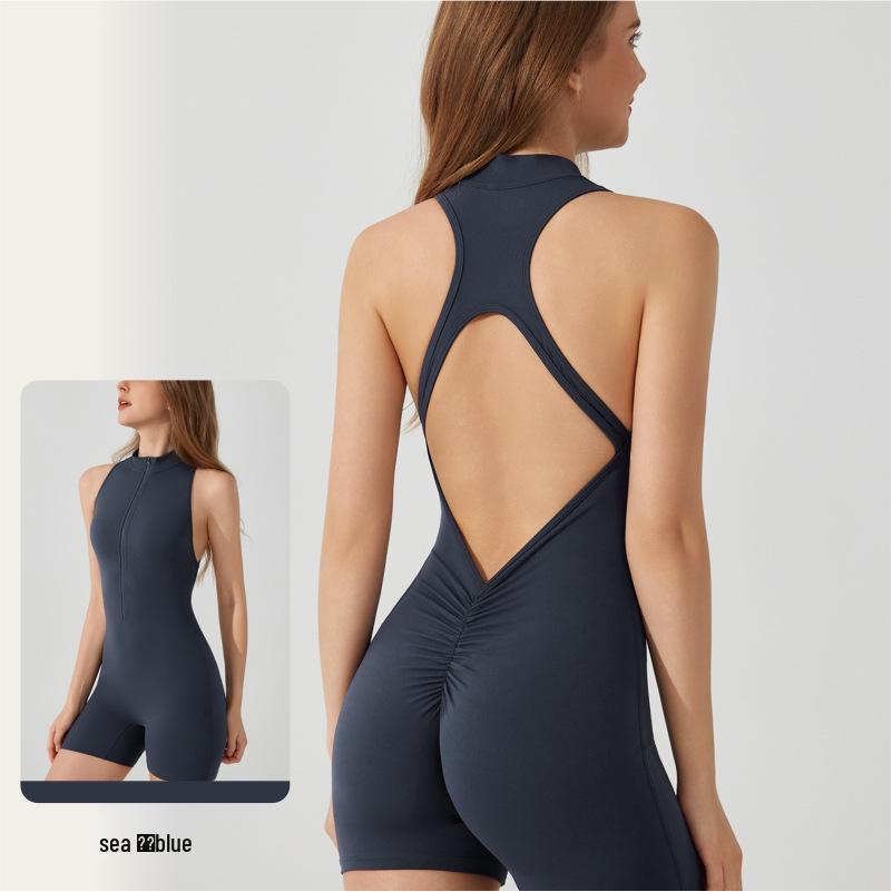 European & American Sports Yoga Bodysuit with Zipper, Open Back, Peach Butt, Double-Sided Brushed Fabric, Shapewear & Bra Pads