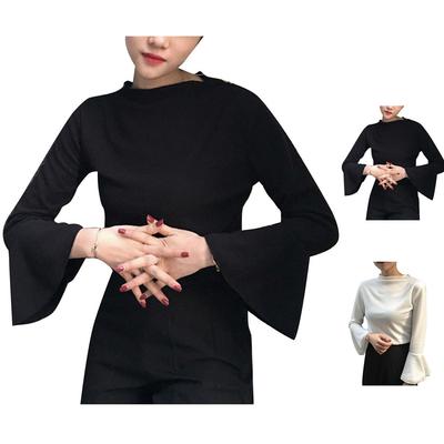 Women Knitted Blouse Long Sleeves Top Solid Color High Neck Clothes