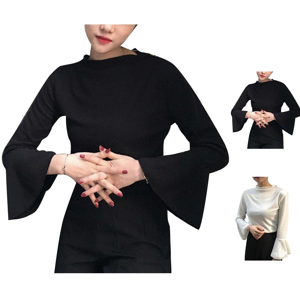 

Женская вязаная блузка с длинными рукавами, топ однотонный с высоким воротником