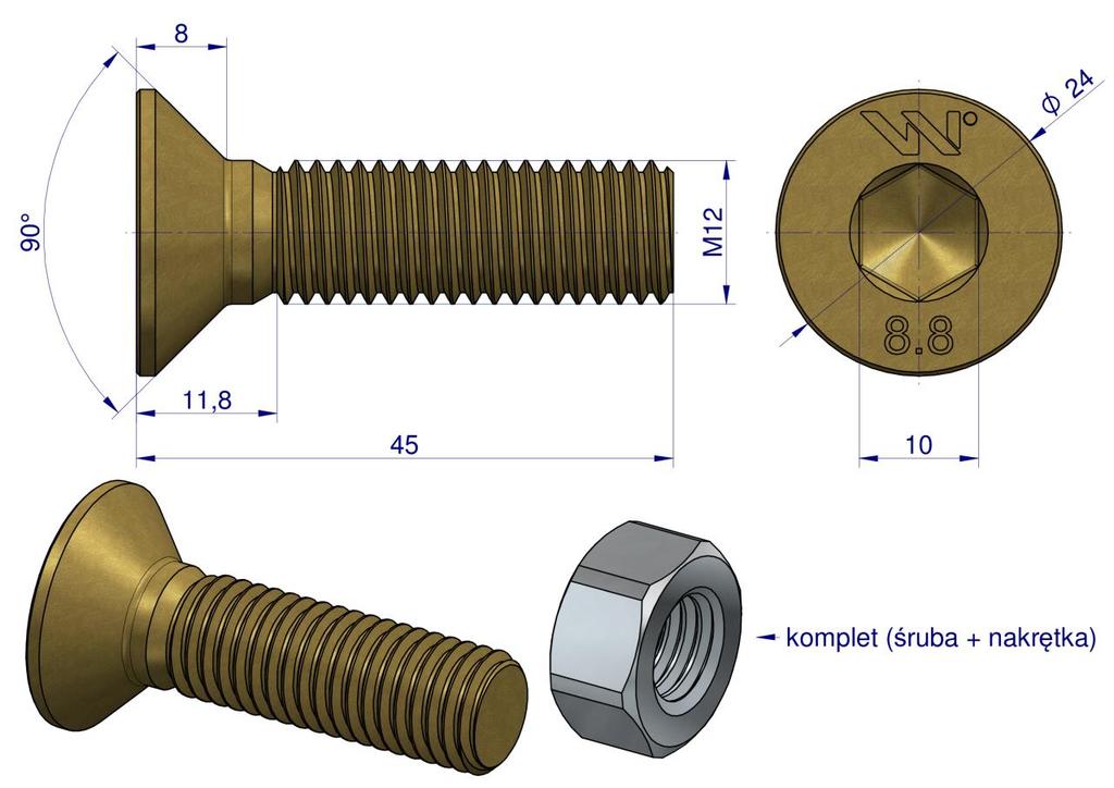 Śruba Kpl. M12X45 - Imbus 10 Din7991 ( Sprzedawane Po 25 ) Waryński