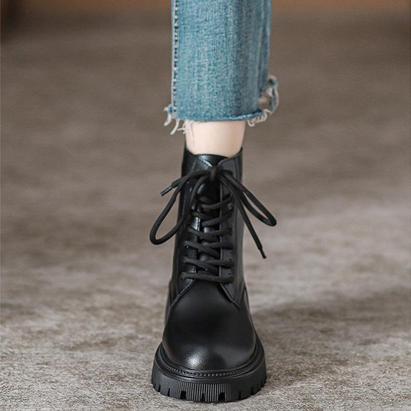 2025 Spring and Autumn Platform Martin Boots Tide Brown Lace-Up Short Boots Women's Retro British Style Single Boots Skinny Boots