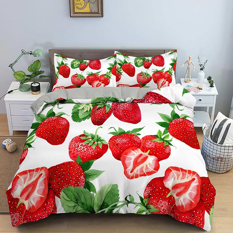 Pink Strawberry Cute Bedding Set Duvet Cover Set 3D Print Fruit Pattern Quilt Cover Pillowcase King Queen Size For Kids Boy Girl