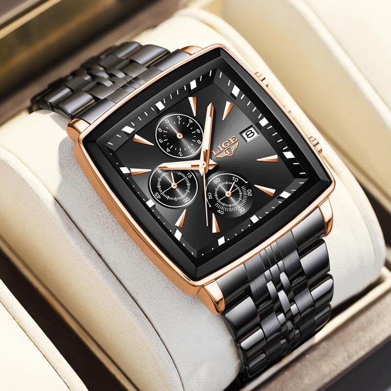 LIGE Luxury Square Sport Man Wristwatch Waterproof Luminous Chronograph Quartz Men's Watches Stainless Steel Men Watch Reloj