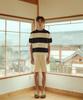BELLIEF Essential Hard Twist Cotton Short Sleeve Striped Knit (Ivory/Navy)