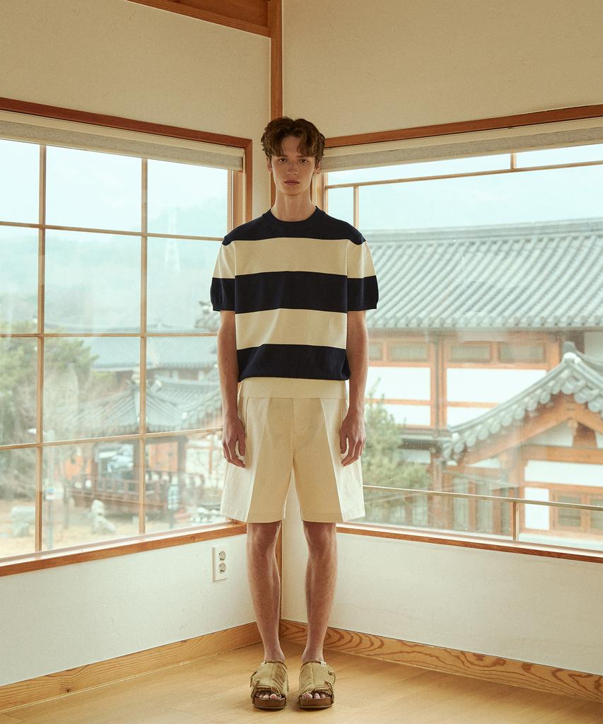 BELLIEF Essential Hard Twist Cotton Short Sleeve Striped Knit (Ivory/Navy)
