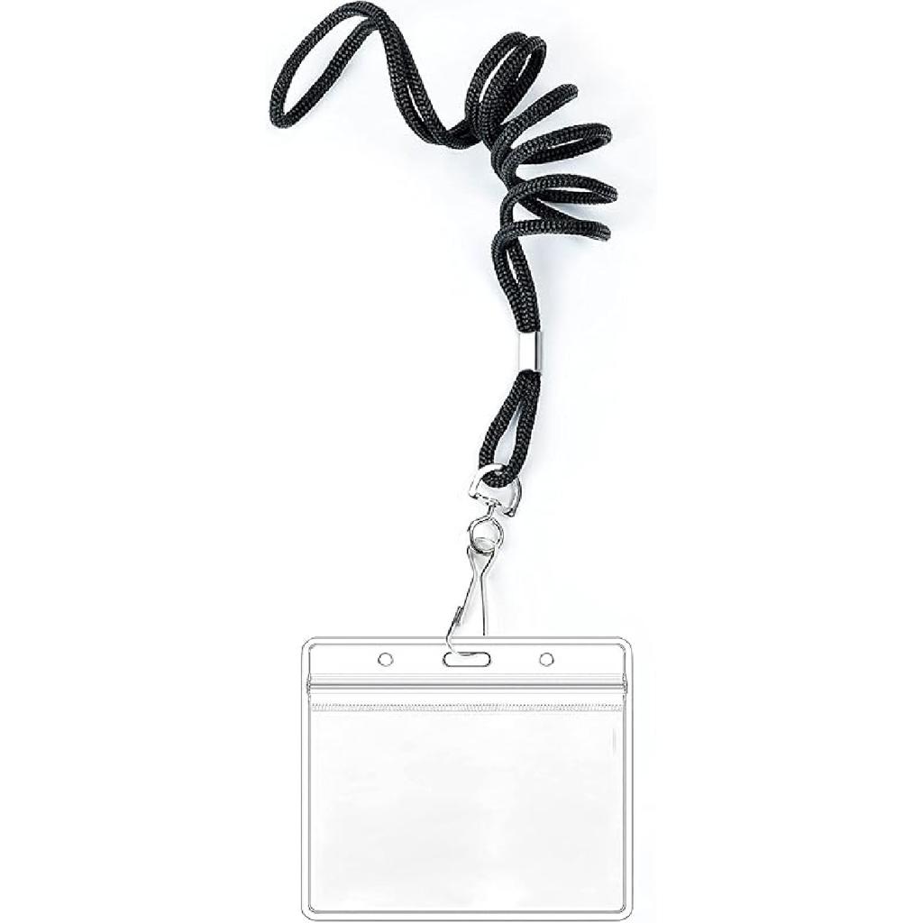 50 Clear Plastic Horizontal Name Tags Badge ID Card Holders and 50 Black Lanyards with Swivel Hook