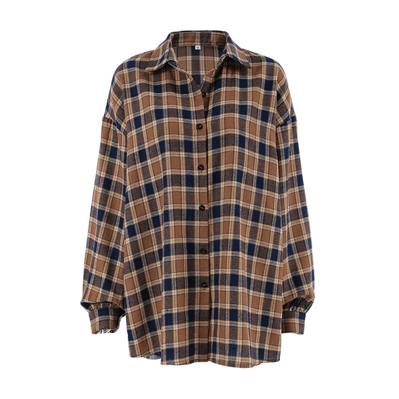 

Fashion 2025 Spring Women s Casual Gingham Shirt Loose Long Sleeve Top Lapel Brown L(Suggested 57.50 kg-62.50 kg)