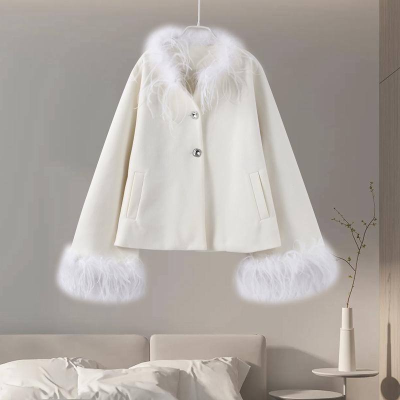 Tassel Solid Color Women Coat Faux Fur Feather Full Sleeve Female Jacket 2025 Autumn Winter Elegant Single Breasted Lady Outwear