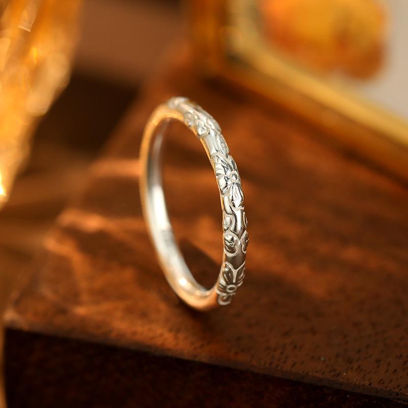 

Кольцо из серебра 999 пробы «Под баньяном» с рельефным изображением сакуры: Ретро простое цельное серебряное кольцо для мужчин и женщин, новый горячий стиль Hong Kong Size 12