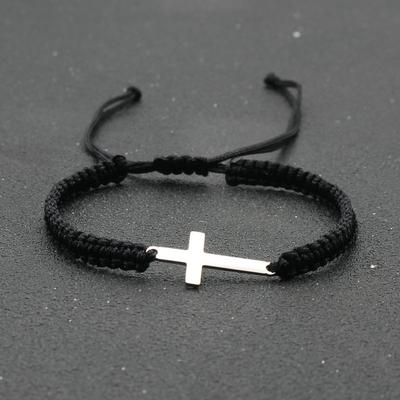 Einfaches Kreuz Schwarz Weiß Geflochtenes Seil Paar Armbänder Kupferfarbe Verstellbares Armband Christlicher Zirkon