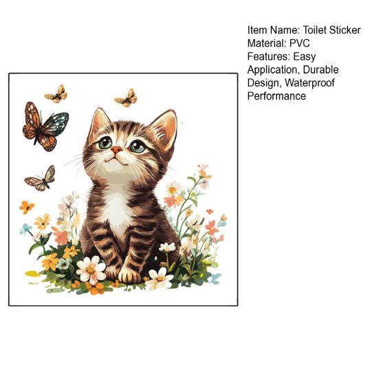 Toilet Sticker Waterproof PVC Cartoon Flower Cat Decorative Removable Lid Sticker Bright Color Toilet Art Decal