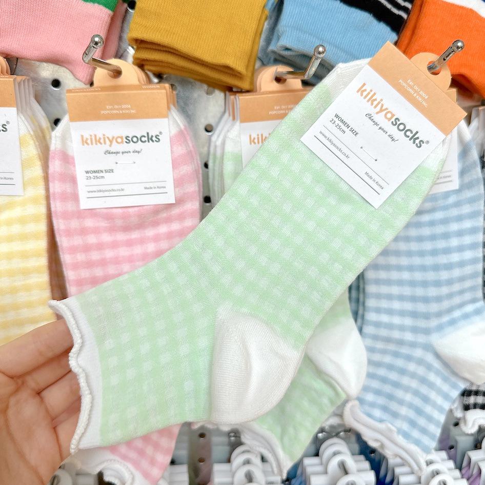 Spring 2026 Color Block Plaid Cotton Socks - Korean Japanese Academy Style One Size зелёный