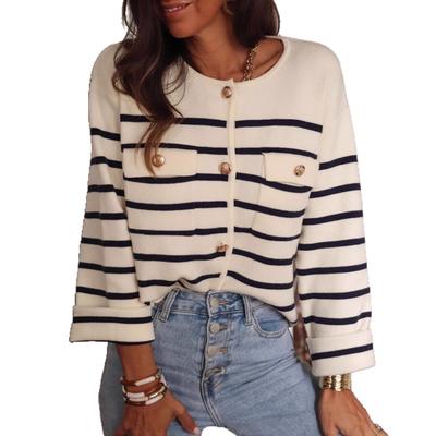 New Autumn and Winter Black and White Striped Button Knitted Cardigan Casual Long-sleeved Sweater for Women