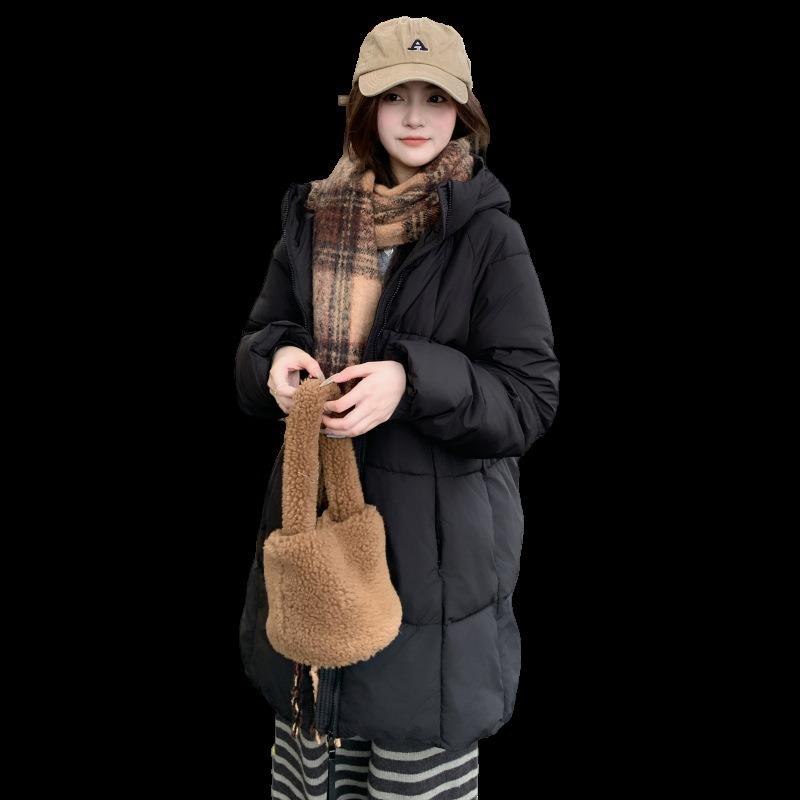 New down cotton cotton jacket women's long versatile puffs solid color hooded fresh winter thickened coat