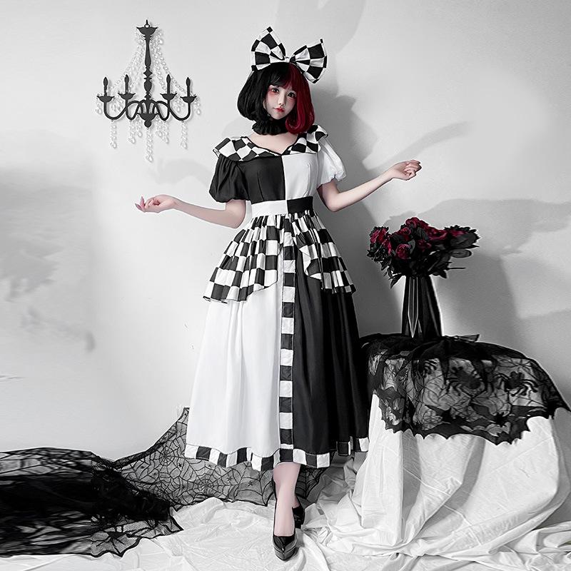 Halloween costume Mickey black and white plaid queen costume Alice cos maid clown princess dress