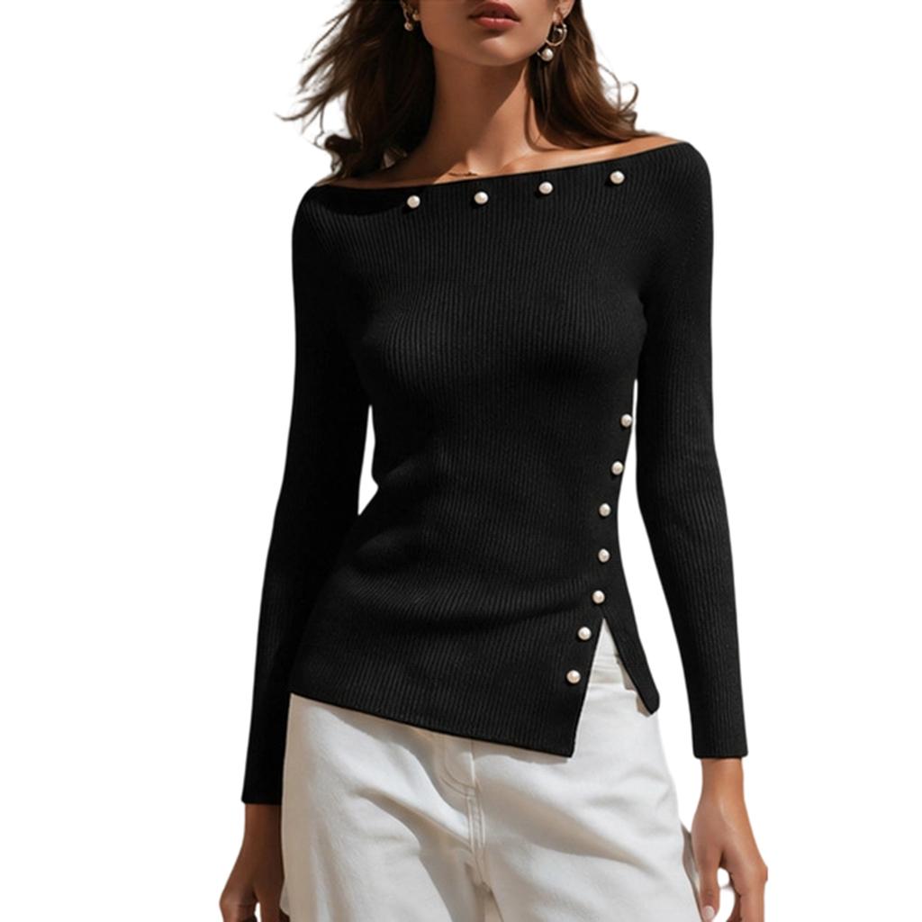 Women's Button Off-Shoulder Long Sleeve Knit Top Slim Fit Elegant Blouse for Work