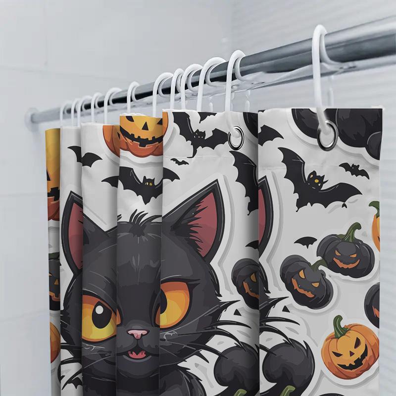 Halloween Decor Shower Curtain Set With Black Cat Pumpkin Bats Print Waterproof Fabric Bathroom Liner For Kids Gifts