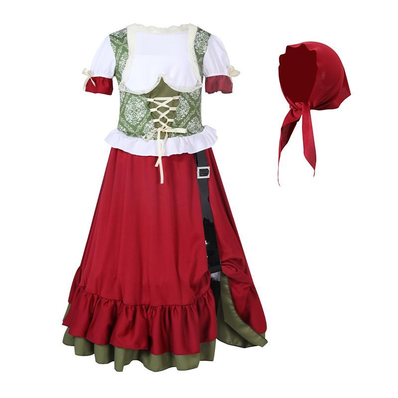 Kids Halloween Costume Dress Ethnic Dance Outfit Girls Short Sleeve Wine Red Print Skirt Set