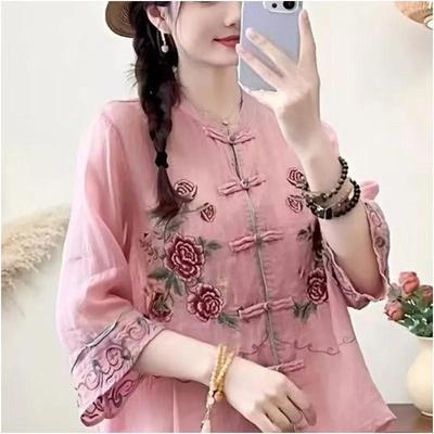 Camicia Estiva Ricamata Leggera da Donna: Blusa Boho-Chic, Retro, Stile Etnico, Collo Alto, Doppiopetto