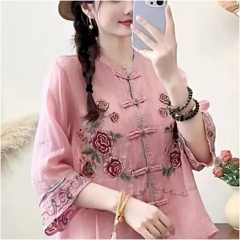 Female Summer Embroidered Lightweight Shirt: Boho-Chic, Retro, Ethnic-Style, Stand-Up Collar, Double-Breasted Blouse