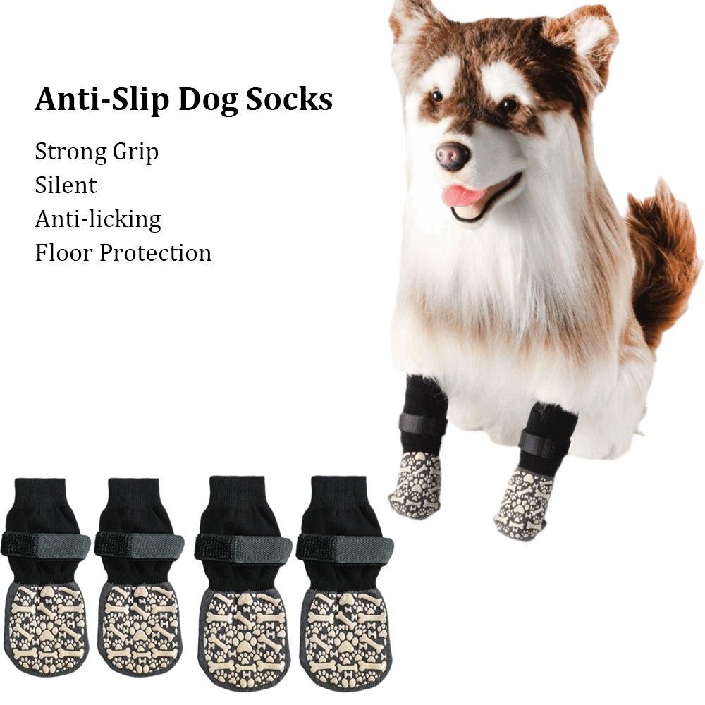 4pcs Anti-Slip Dog Socks Anti-Scratch Strong Grip Paw Protection Socks Adjustable Straps Anti-licking Pets Knitted Socks