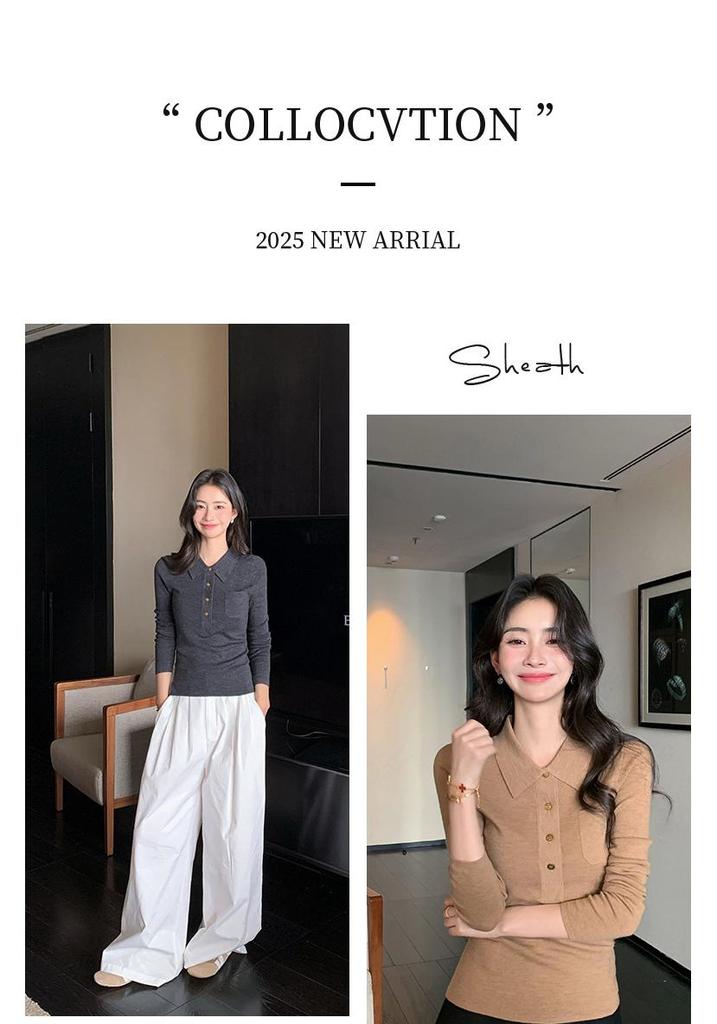 2025 Autumn Women's Fine Knit Wool Polo Collar Sweater, Half-Buttoned, Slimming Fit