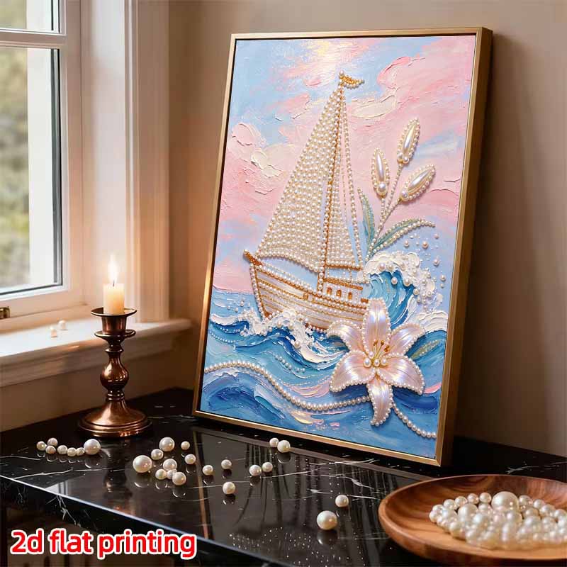 DIY Frameless Pearl Painting Kit Sailboat Ocean 3D Shiny Bead Art Canvas Relaxing Creative Craft for Home Wall Decor Gift