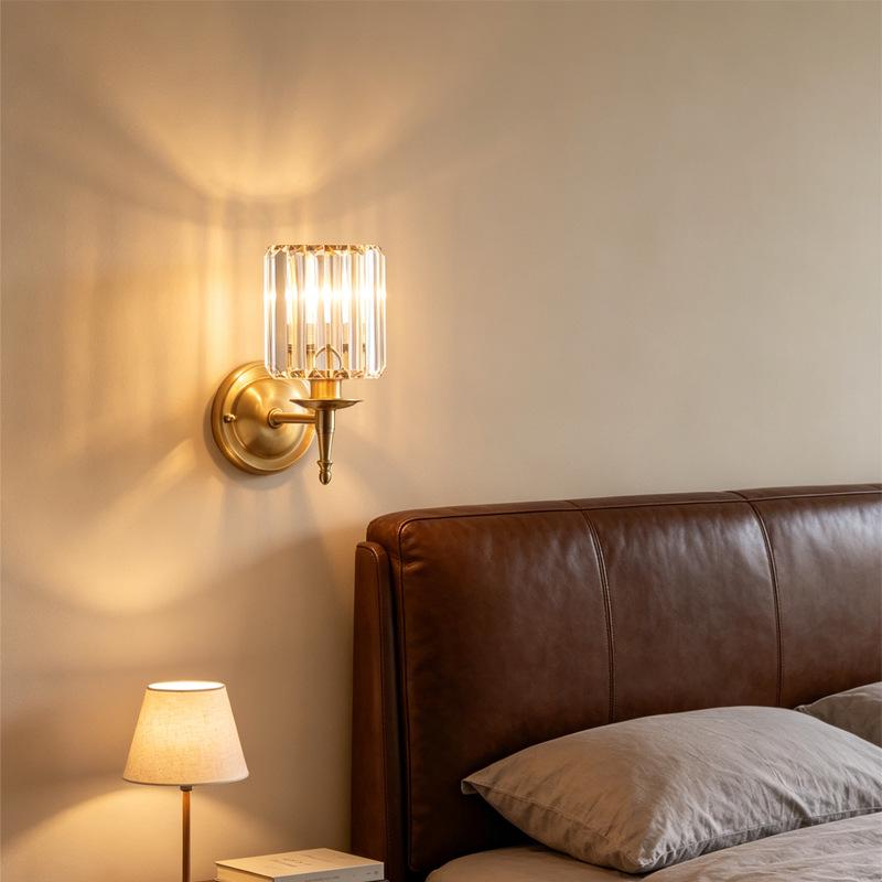 Elegant American Crystal Wall Lamp, Nordic Style Bedside Fixture, Modern Copper Design for Bedroom and Living Room