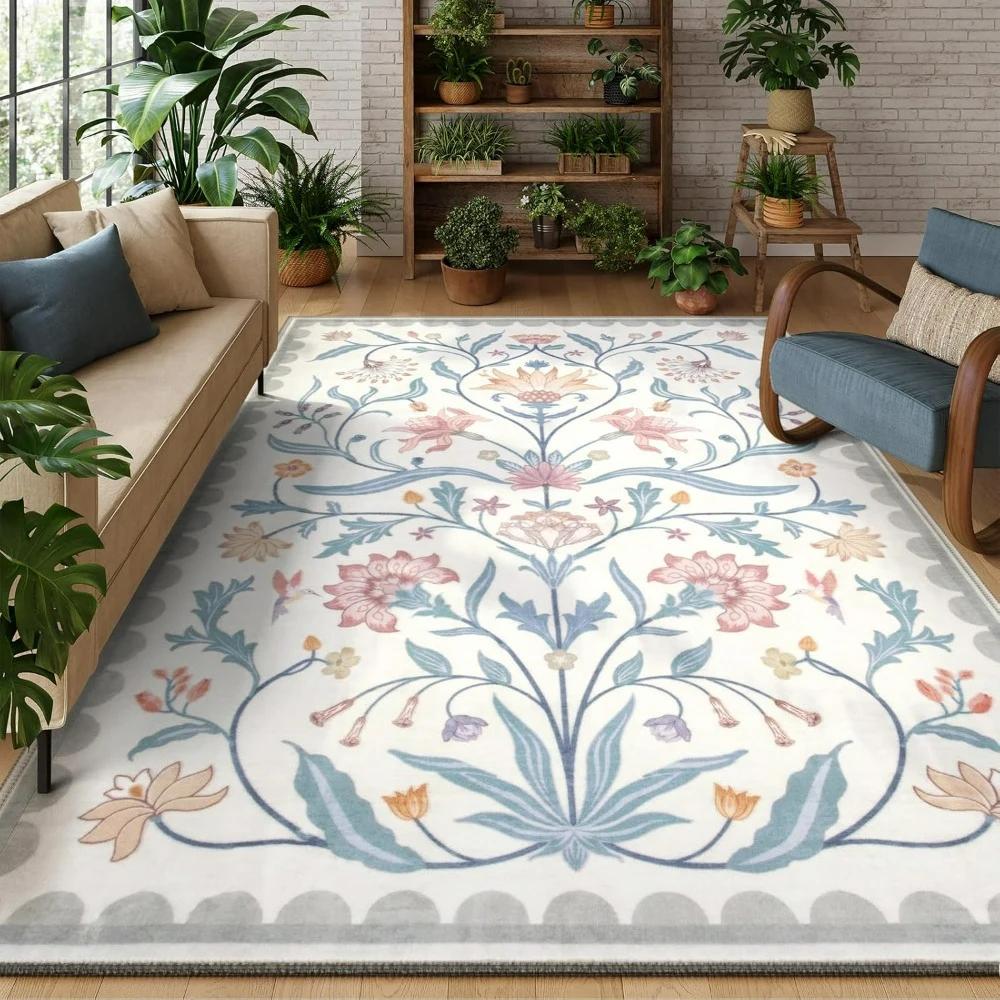 Retro Boho Floral Washable Dark Teal Carpets for Bedroom Living Room Decor Lounge Balcony Mat Coffee Table Dining Room Rug