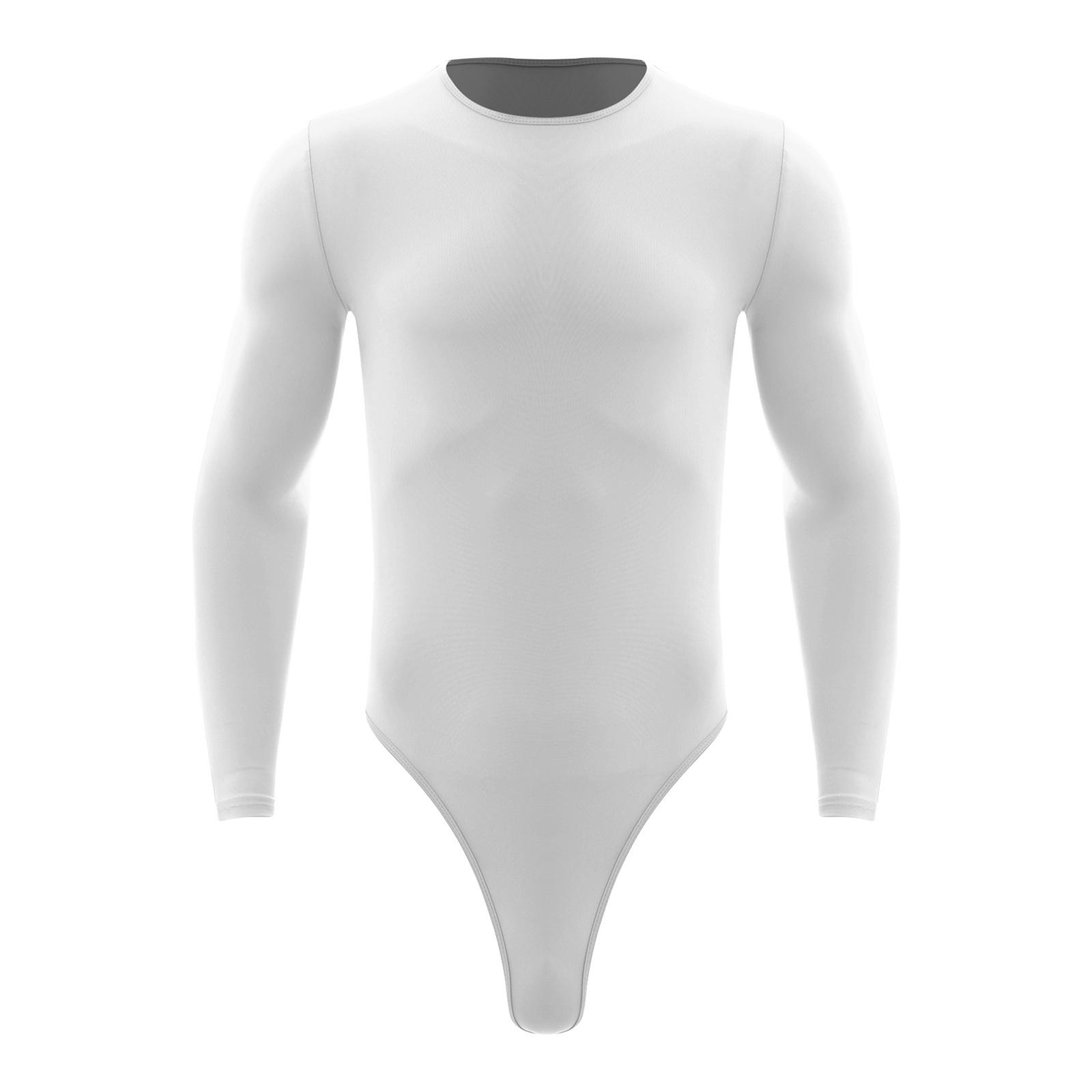 

Men Long Sleeve Bodysuit One Piece Leotard Round Neck Design Press Buttons Fashion Casual Wear XL білий