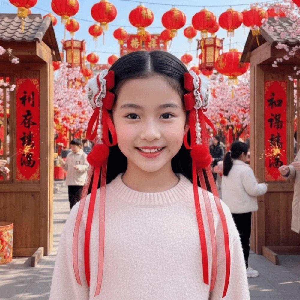 2pcs Bow New Year Ribbon Barrettes Lion Embroidered Bow Headwear Ancient Style Hair Clip  Winter