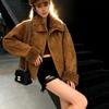 Retro Coffee Lamb Wool Jacket with Fur Lining – Trendy, Warm Top for Petite Sizes