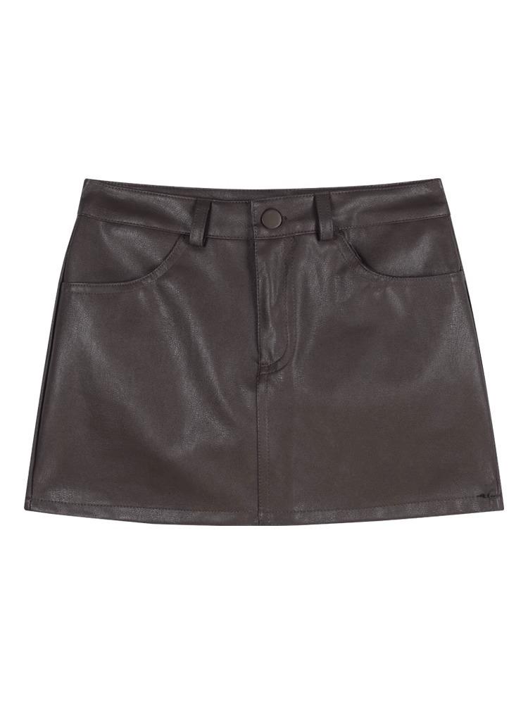 Meilade Women's PU Leather A-Line Mini Skirt - Petite High Waist Brown, Spring 2024