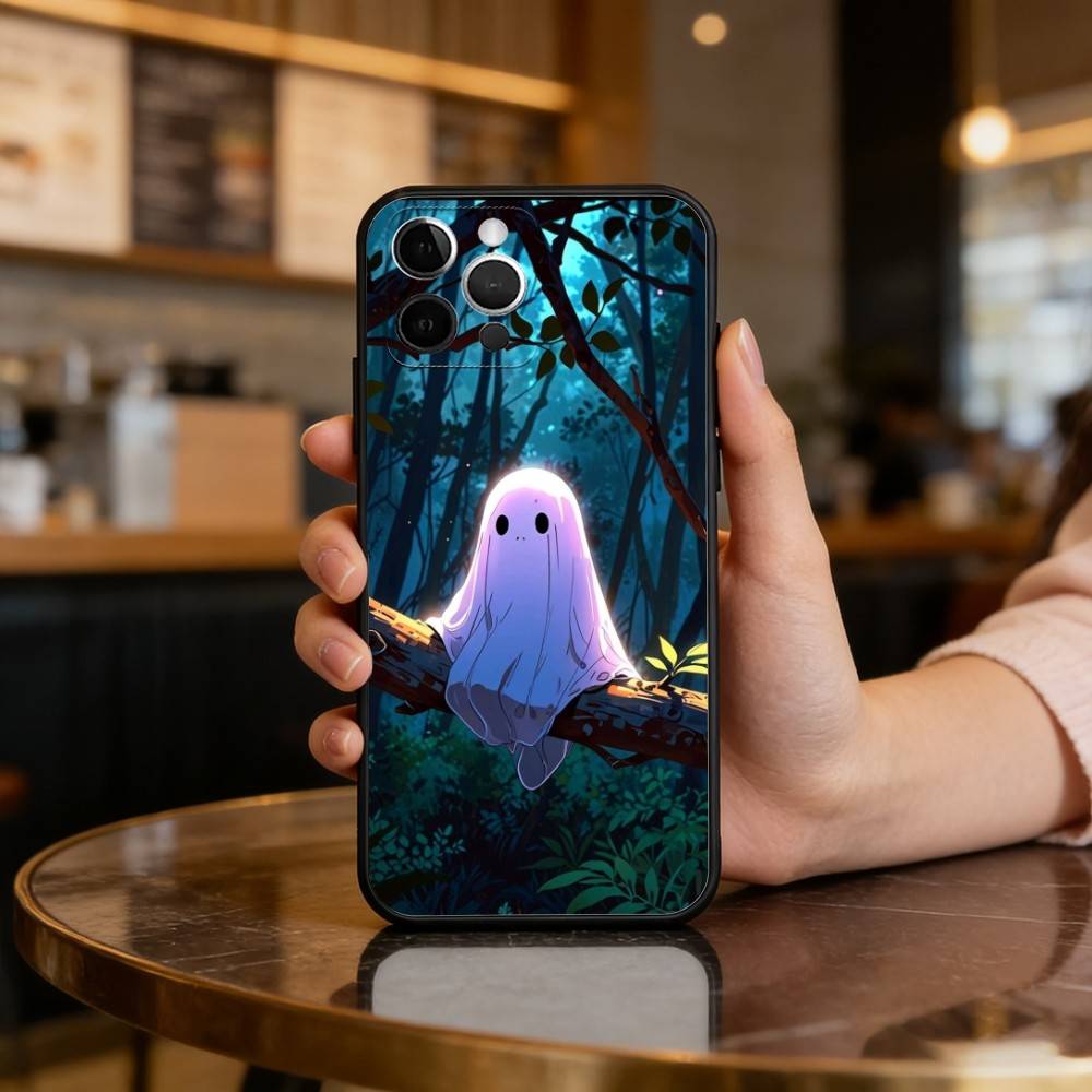 C-Cute Ghost Halloween Phone Case For iPhone 17,16,15,14,13,12,11 Plus,Pro Max,Soft Silicone Black Cover
