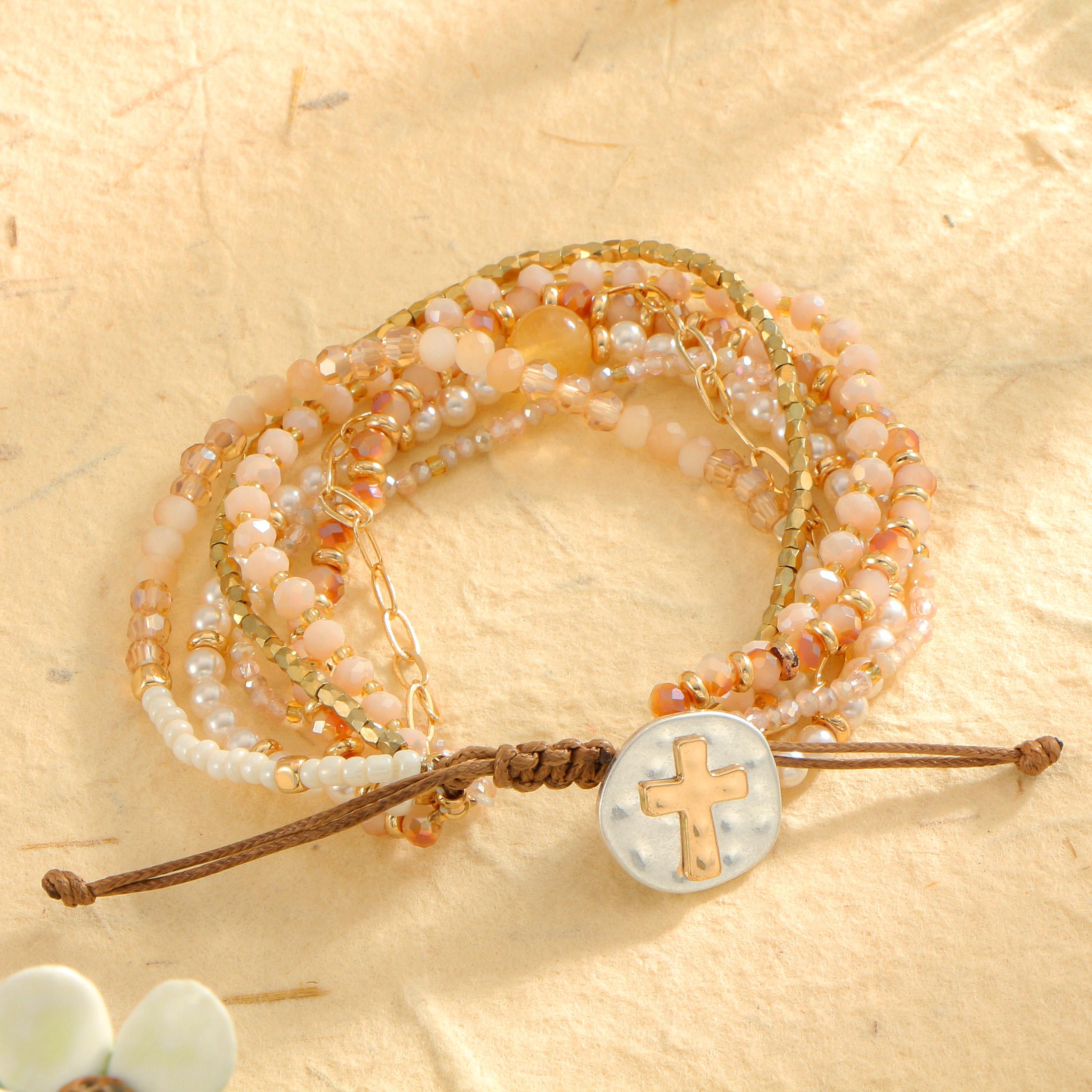 

Multicolor Layered Beaded Golden Cross Charm Adjustable Bracelet Set for Women Bohemian Jewelry Gift
