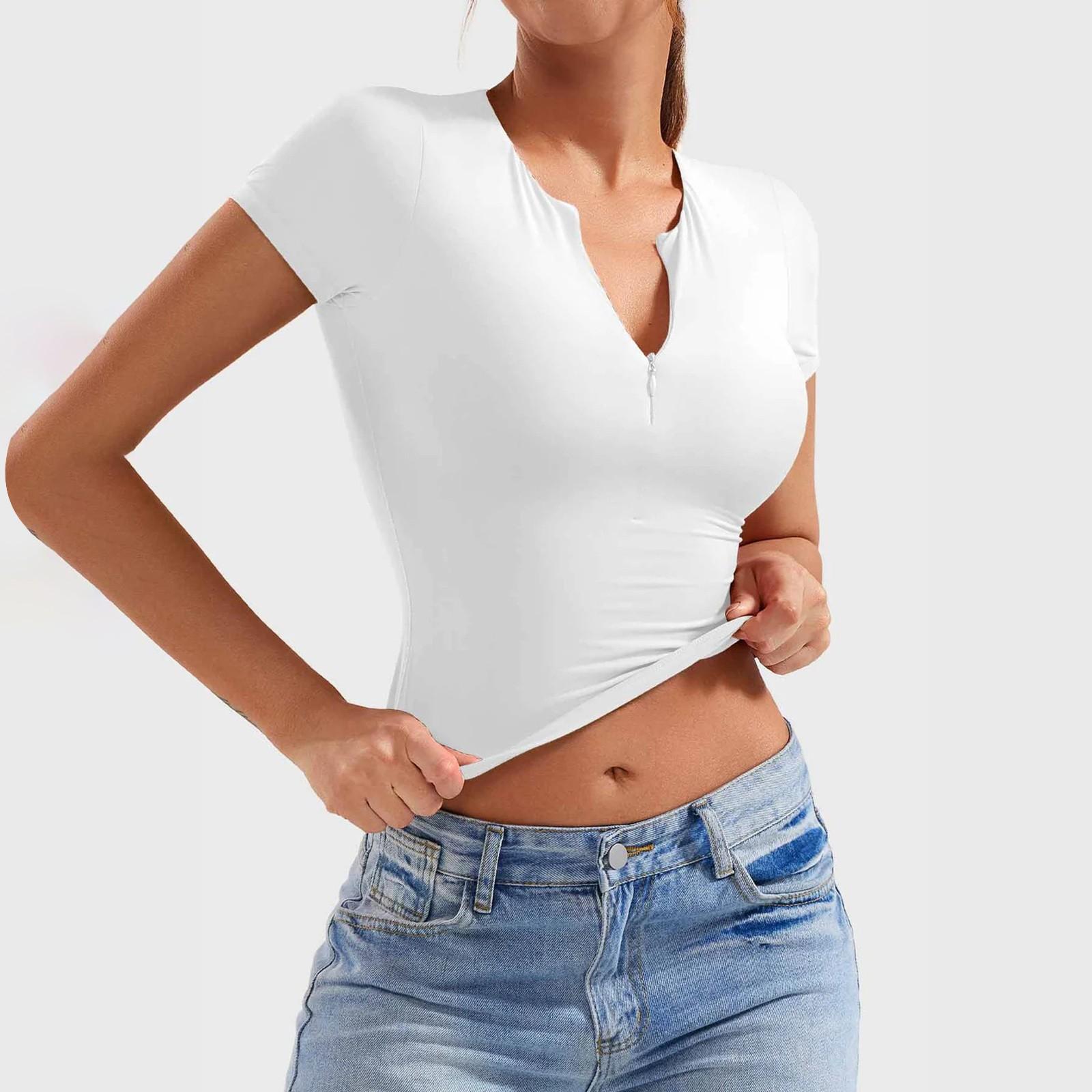 

Женский облегающий модный топ для йоги с короткими рукавами и застежкой-молнией на половину длины XL белый