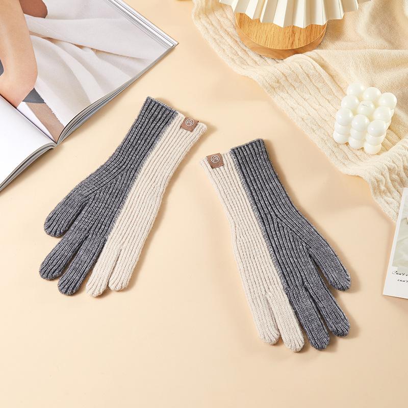 Autumn and Winter Stitching Color Knitted Ladies' Warm Gloves Dew Finger Touch Screen Cold Proof Wool Gloves