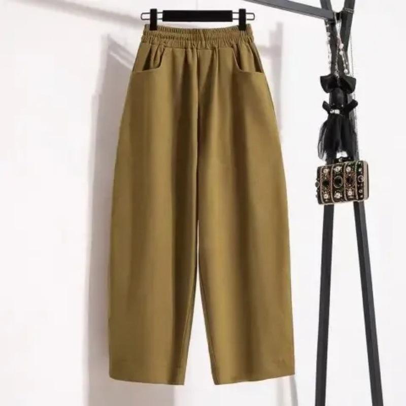 

Plus Size Women s Solid Color Wide-Leg Nine-Point Pants with Pockets - Slimming Loose Fit Summer Trousers XL хаки