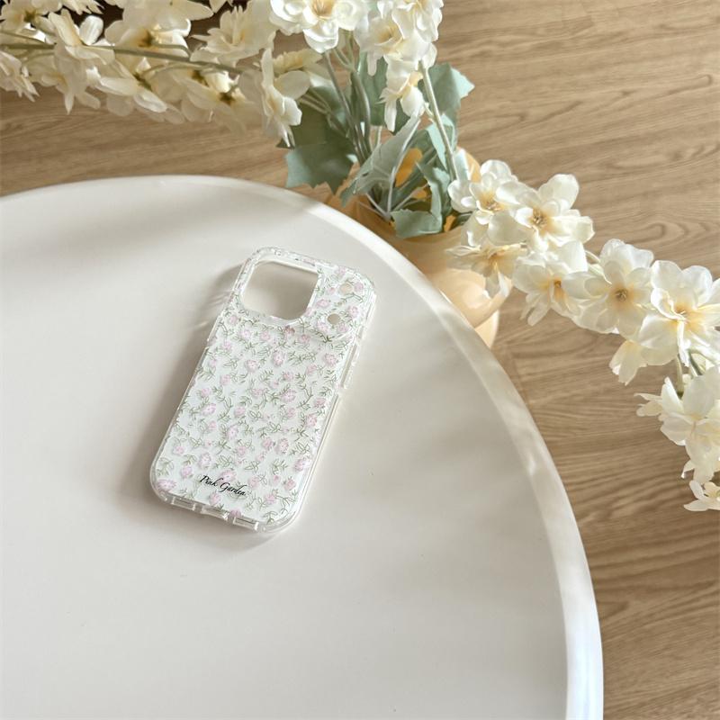 Kawaii Pastel Pink Floral Green Leaf Clear Phone Case For iPhone 14 15 16 17 Pro Max INS Fresh Style Large Window Shockproof Cov