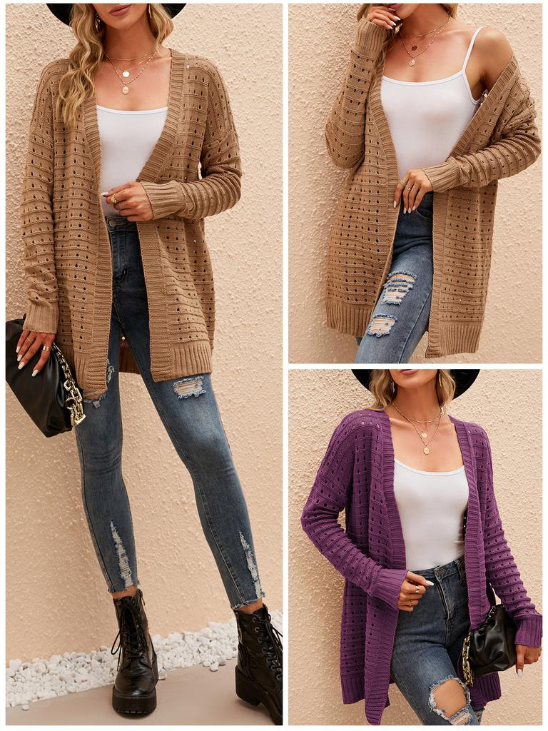 Dámský kardigan s otevřeným předním dílem, dlouhým rukávem, dírkovaný, volný, pletený, ležérní kabát