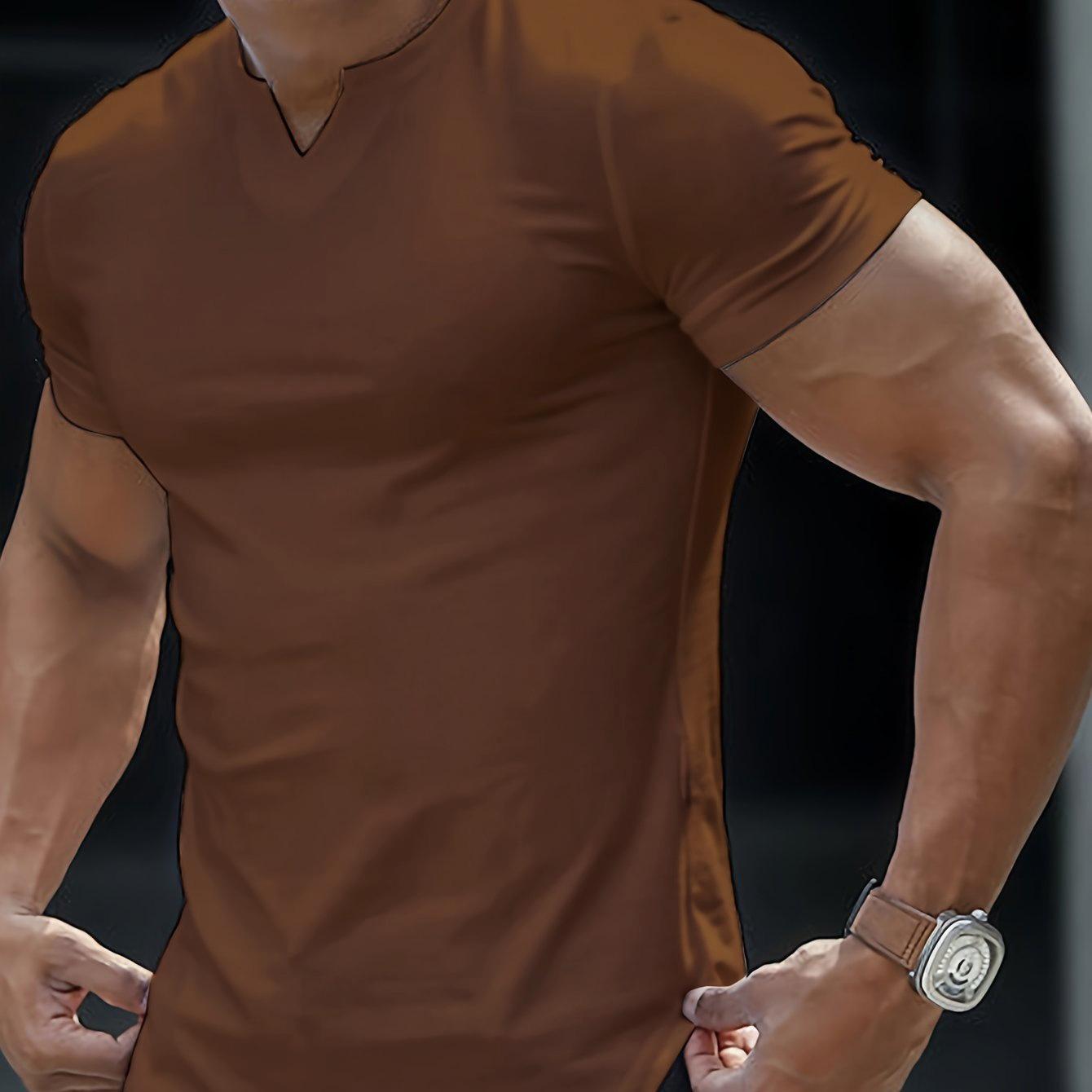 

Summer New Men S Quick Drying V-Neck Shirt, Sports And Casual, Solid Color, Tight Fit, Show Figure T-Shirt Top, Fitness Base Shirt XXL коричневый